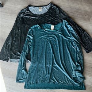 Sparkle Stretch LS (2) Shirts XL Metallic Glitter Teal Black Glam Basic